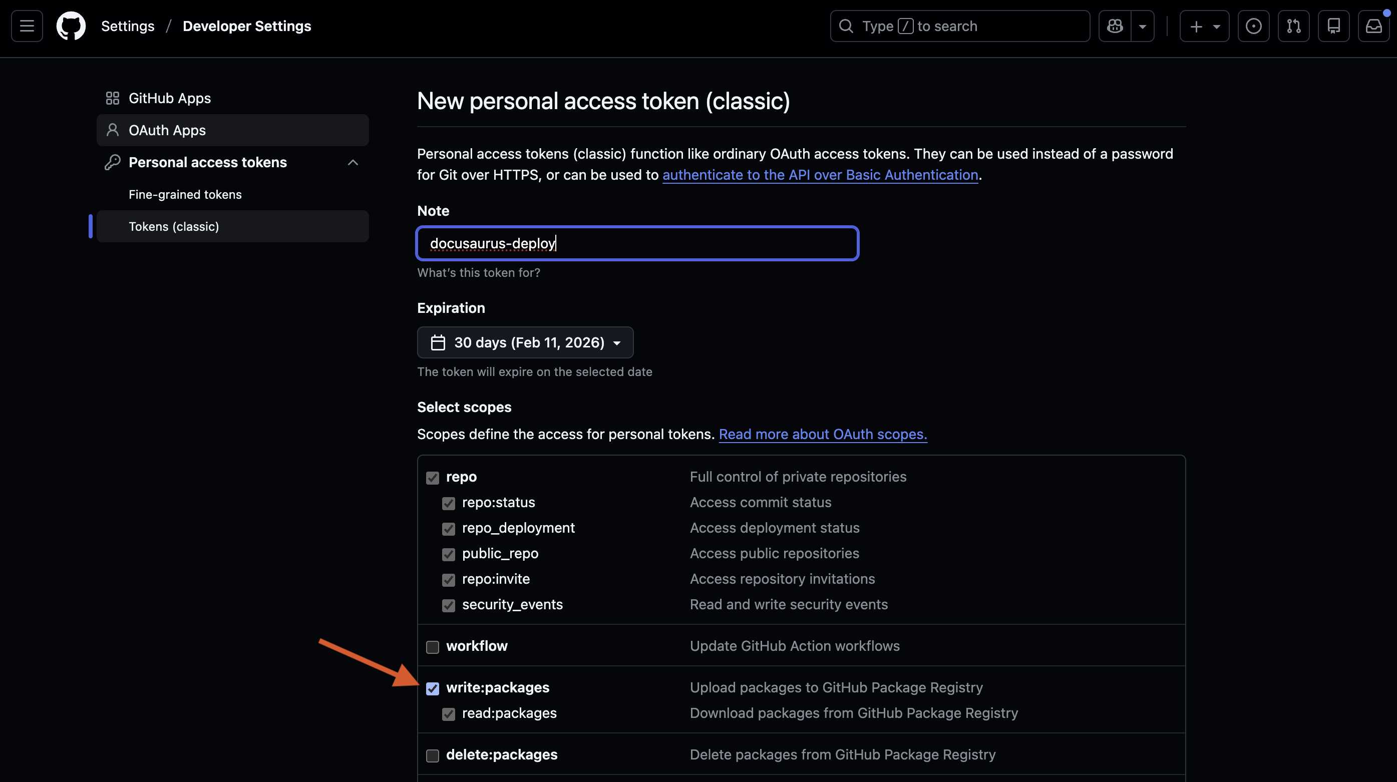 GitHub personal access token creation page with package scope selected