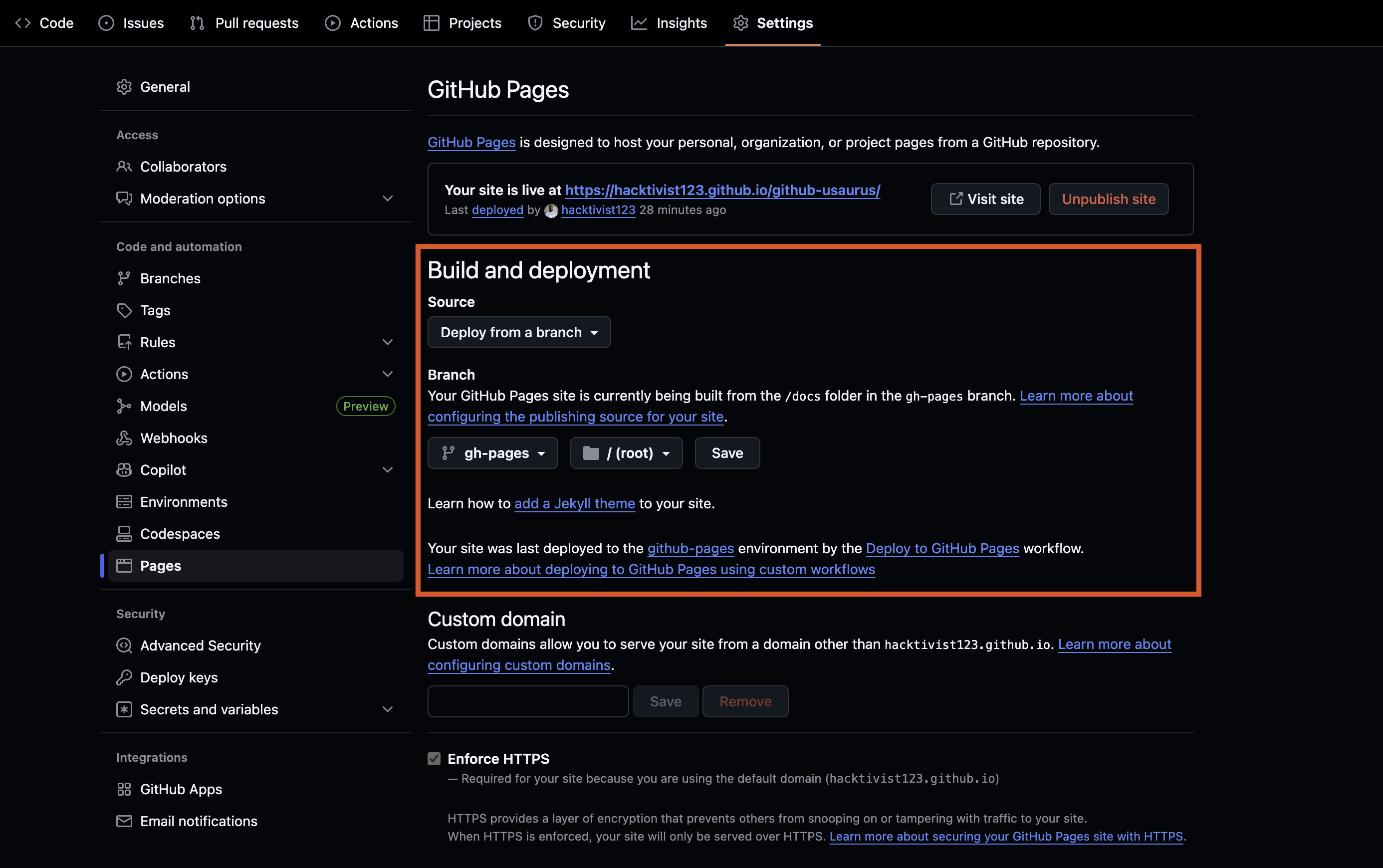 GitHub Pages settings page with gh-pages branch selected