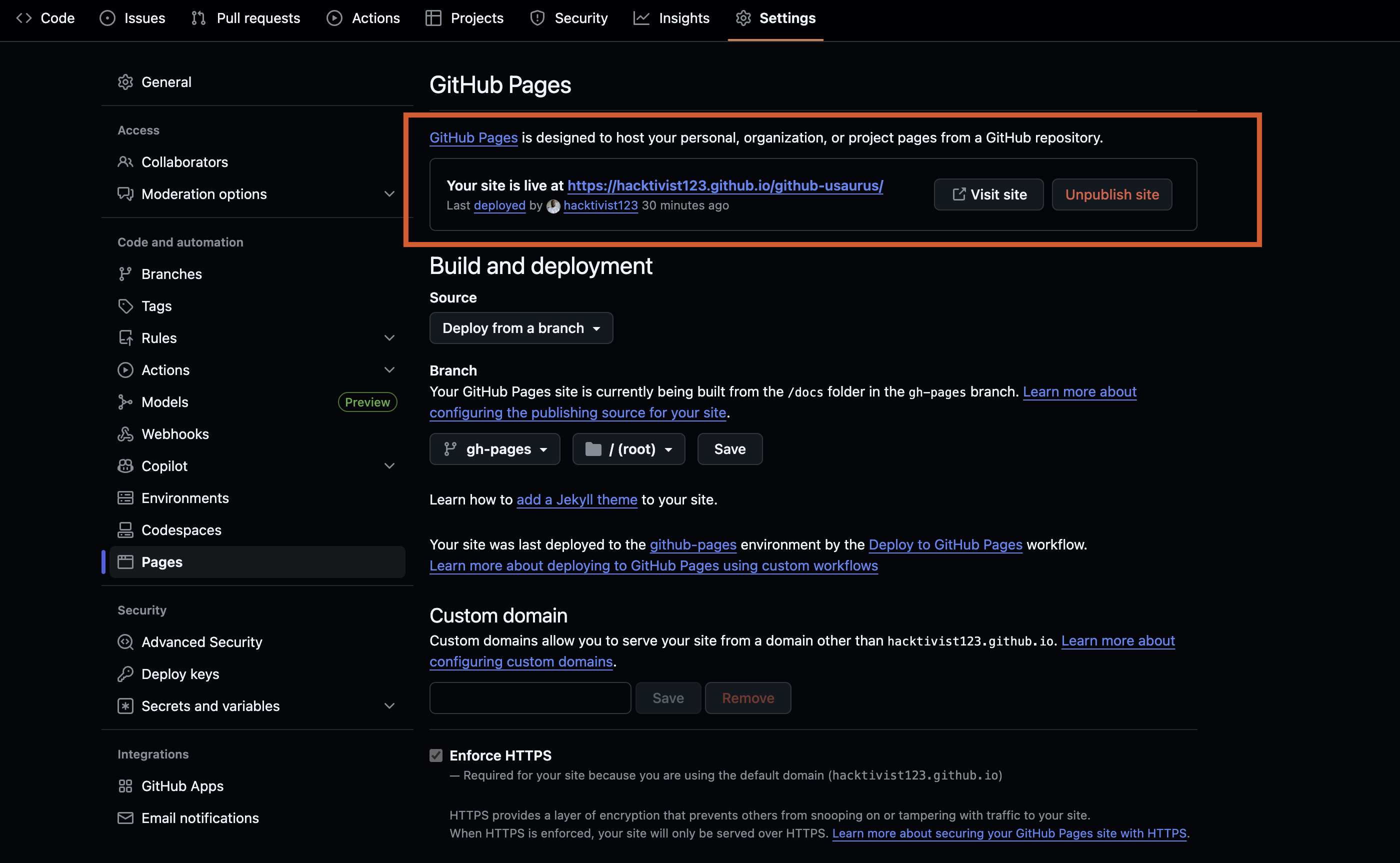 GitHub Pages settings showing the published site URL
