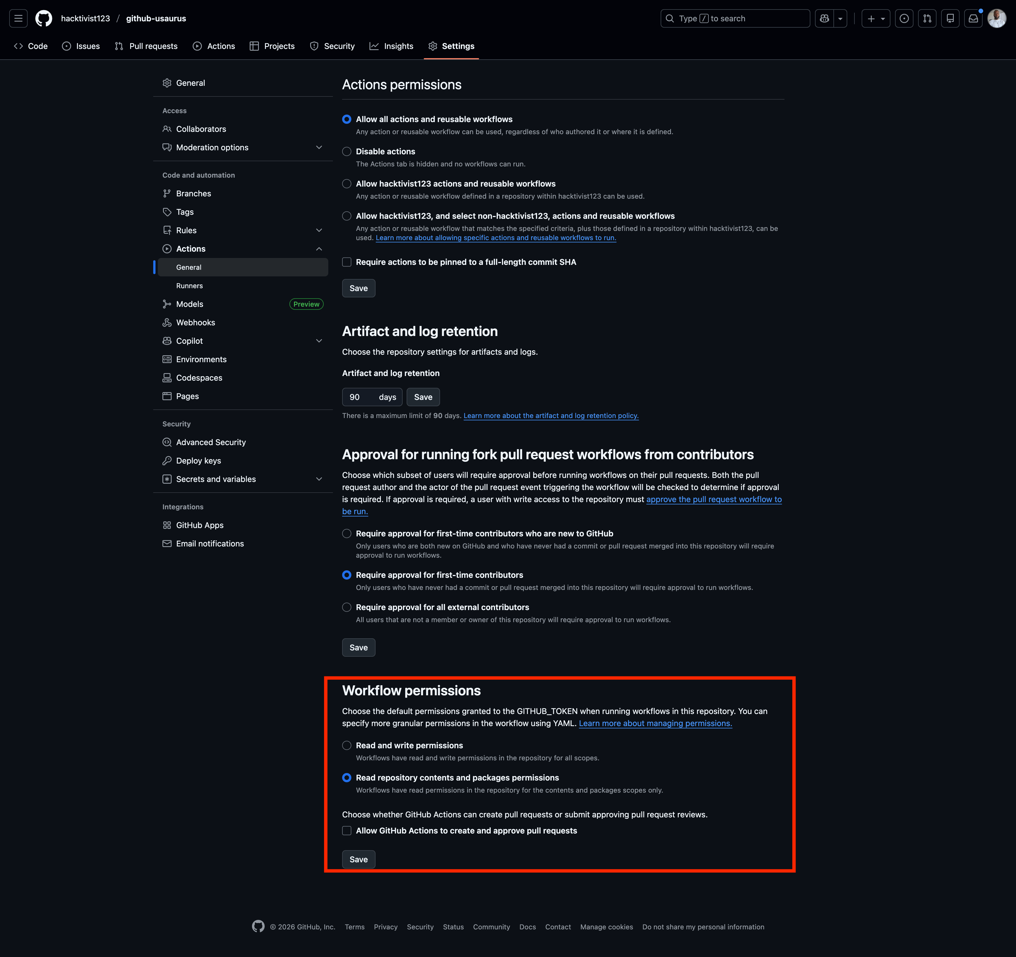 GitHub Actions workflow permissions settings