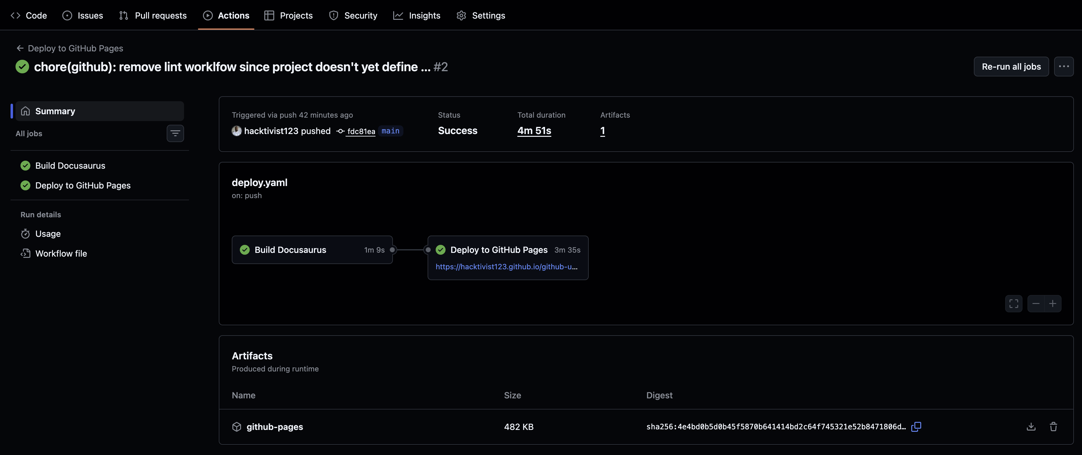 GitHub Actions successful deployment with site URL