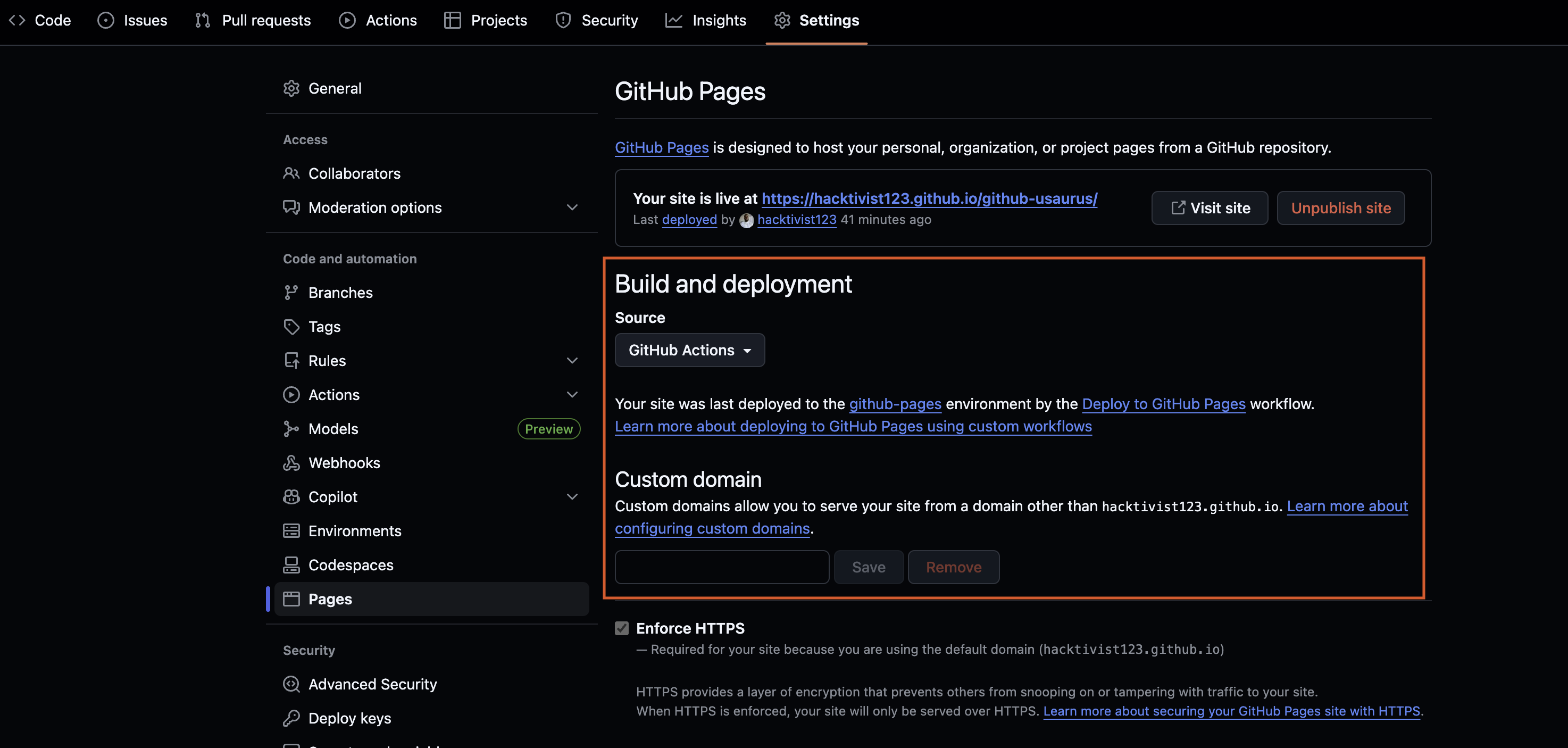 GitHub Pages settings with GitHub Actions selected as source