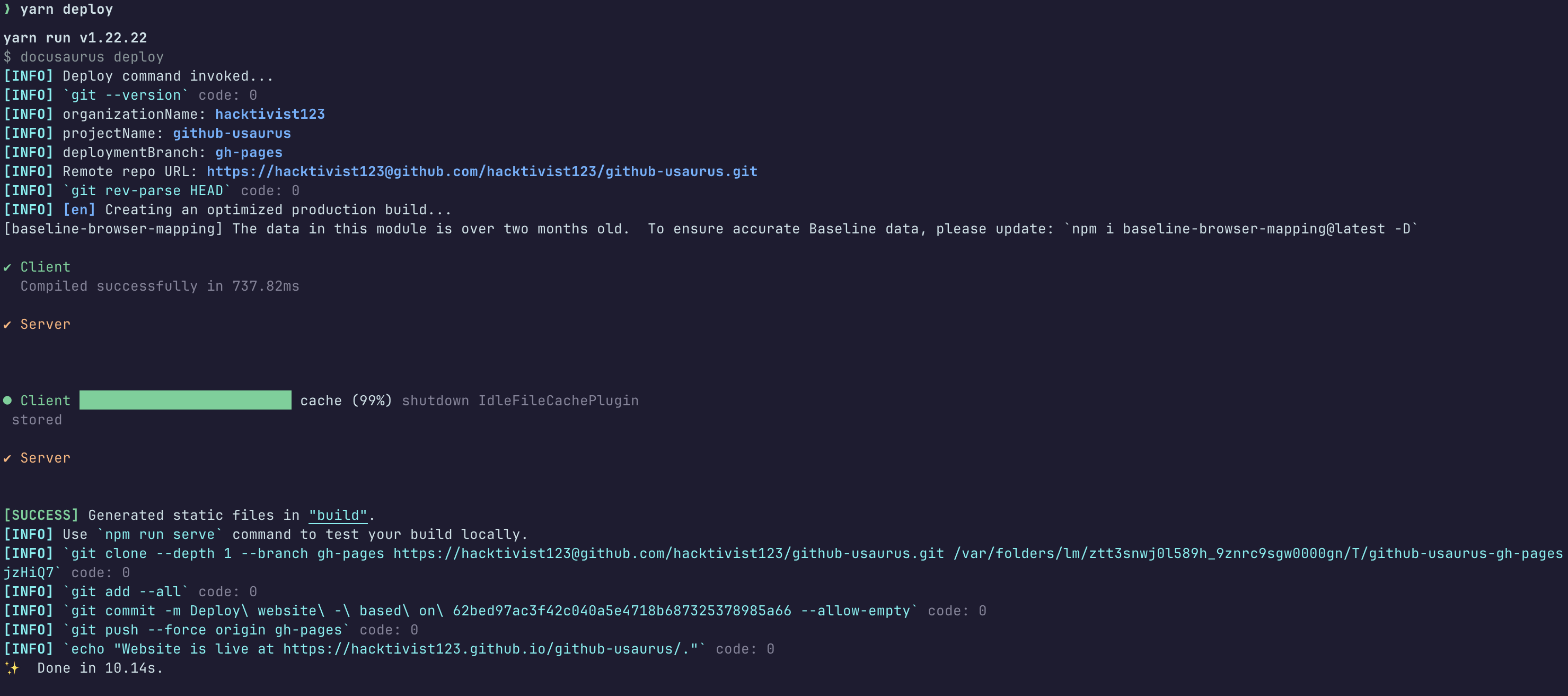 Terminal output showing successful yarn deploy command